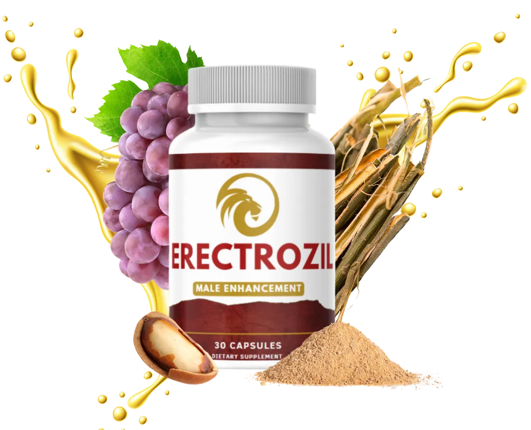 Erectrozil male vitality capsule bottle with grapes, botanical extract and powder splashing around it