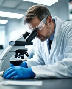 Laboratory technician examining a botanical sample under a microscope for supplement testing